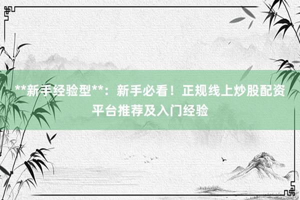 **新手经验型**：新手必看！正规线上炒股配资平台推荐及入门经验